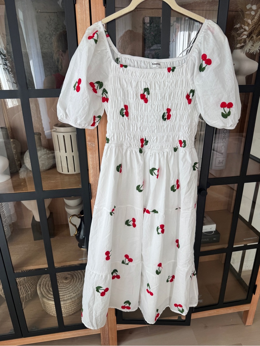 Kindred cherry embroidered midi dress smocked short puff sleeves cherries tiered